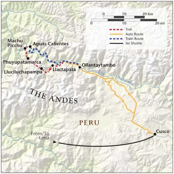 A map of the Cusco and Sacred Valley areas of southern Peru, including a route map of the Inca Trail tour to Machu Picchu with The Explorer’s Passage. The map displays Cusco’s location in relation to the trekking route from KM 82 to the Machu Picchu citadel
