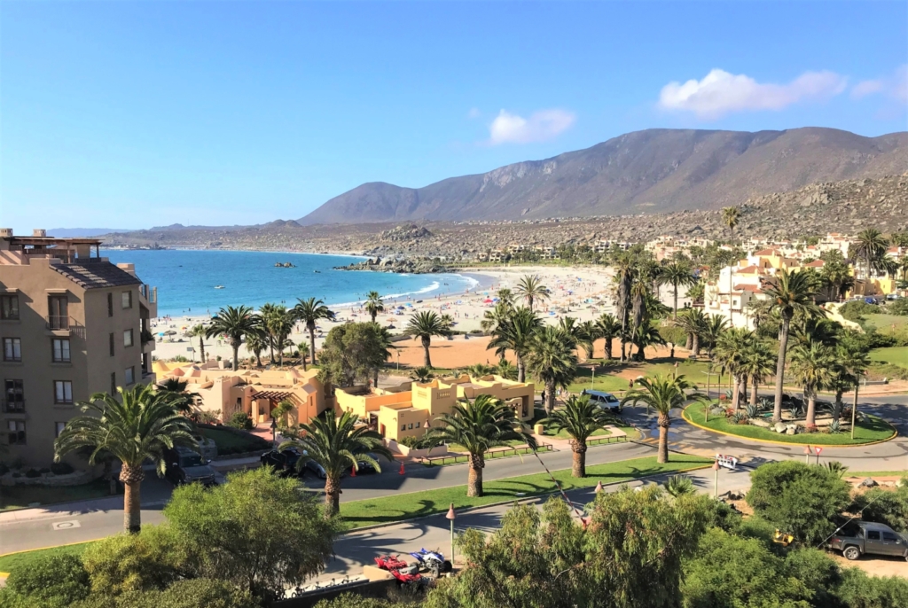 coastal Chilean town with palm trees surrounded by mountains and lined by a sandy beach