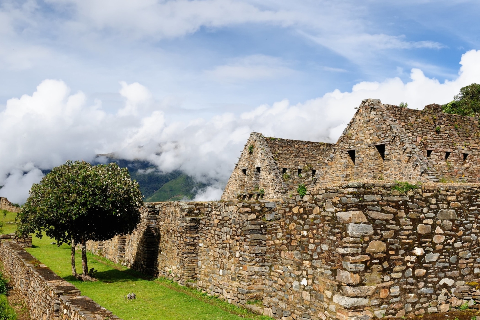 Choquequirao ancient incan stone building ruins on a grassy terrace with a pruned tree surrounded by clouds and mountains in Peru