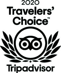 A black and white logo of the TripAdvisor 2020 Travelers' Choice Award, given to The Explorer's Passage