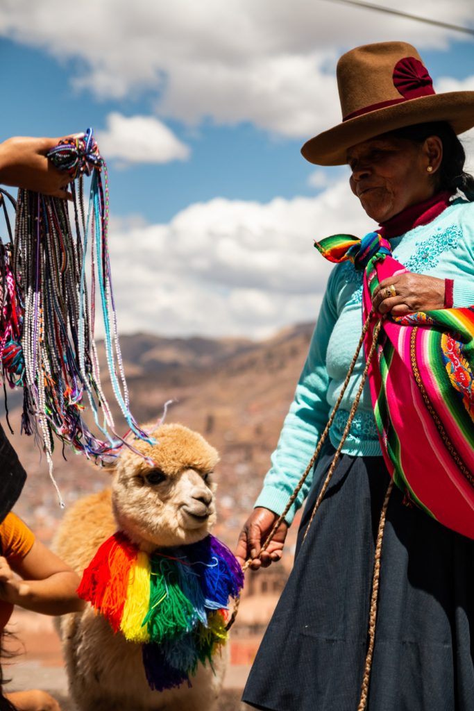 Peruvian woman and alpaca in colorful textiles