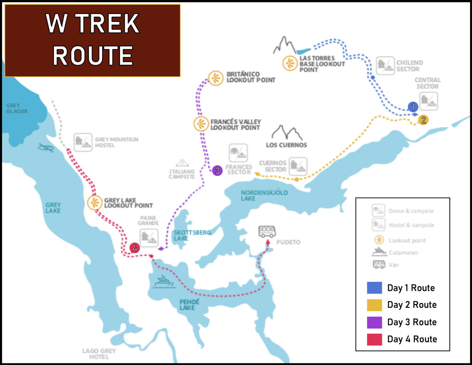 A map of the W Trek route in Torres del Paine National Park, Chile. The map shows the four-day hiking route going from east to west