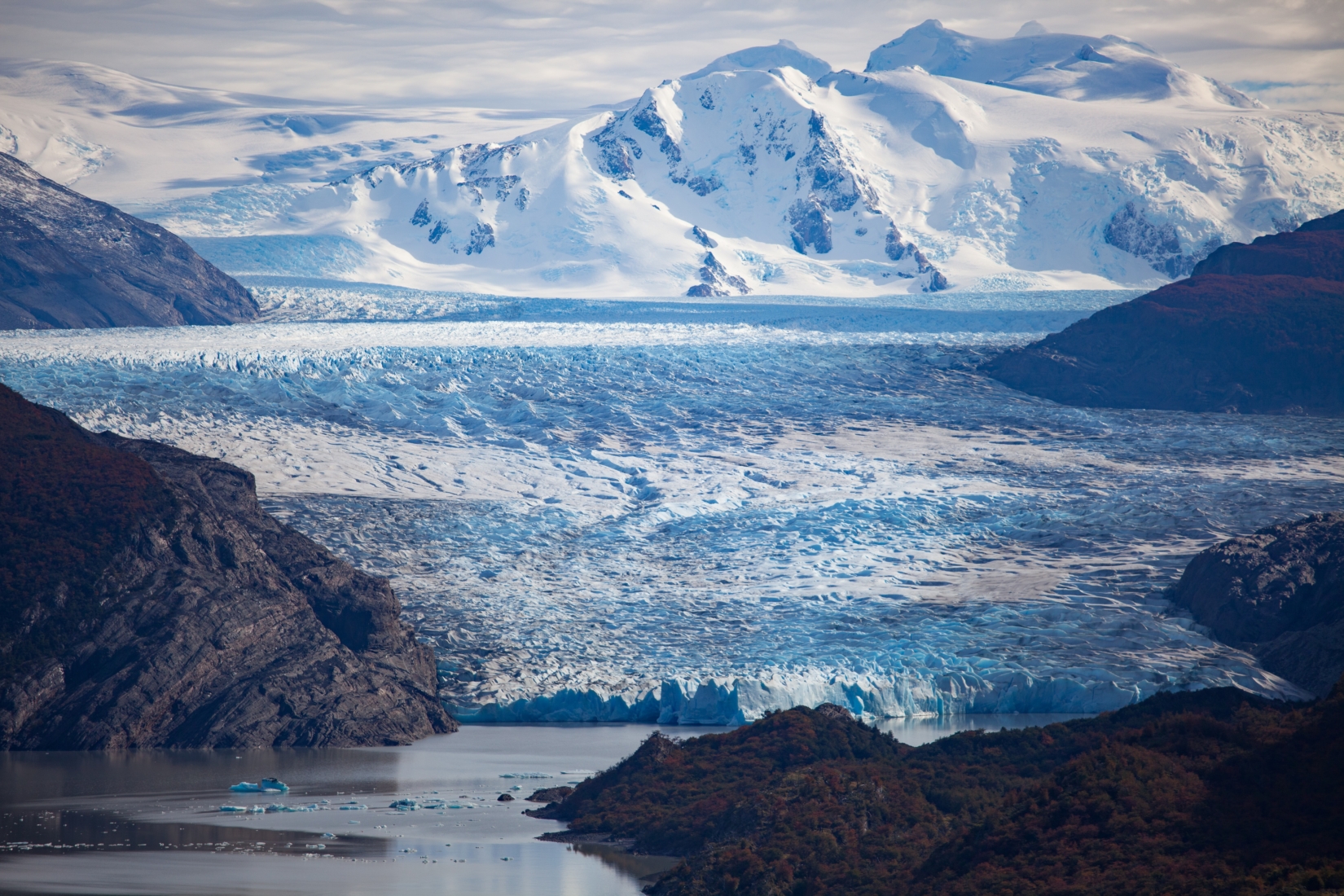 A distance photograph of Grey Glacier (Glaciar Grey), at the west end of the W Circuit in Torres del Paine National Park