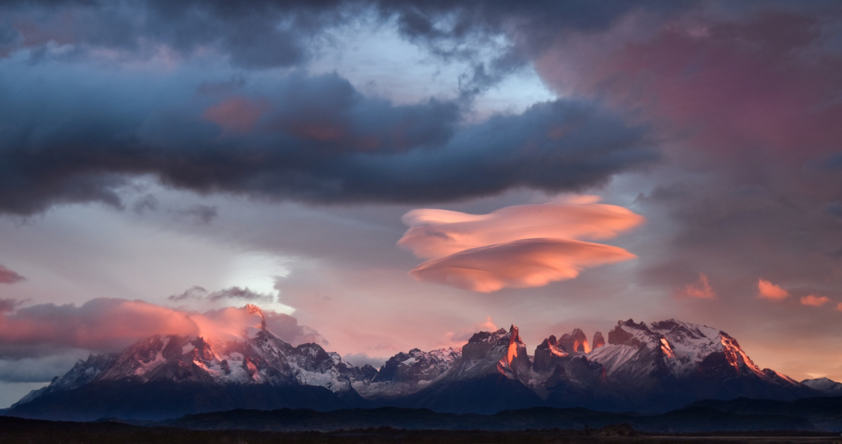 A sunset over Torres del Paine National Park in Patagonia, Chile