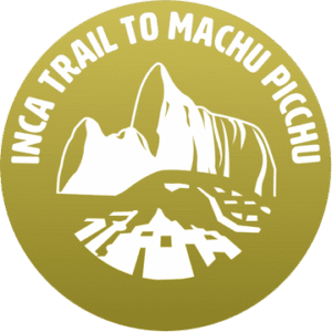 A logo for the Inca Trail Tour trekking adventure in Peru with The Explorer's Passage. The circular logo is yellow and white and depicts Machu Picchu from an overlook nearby