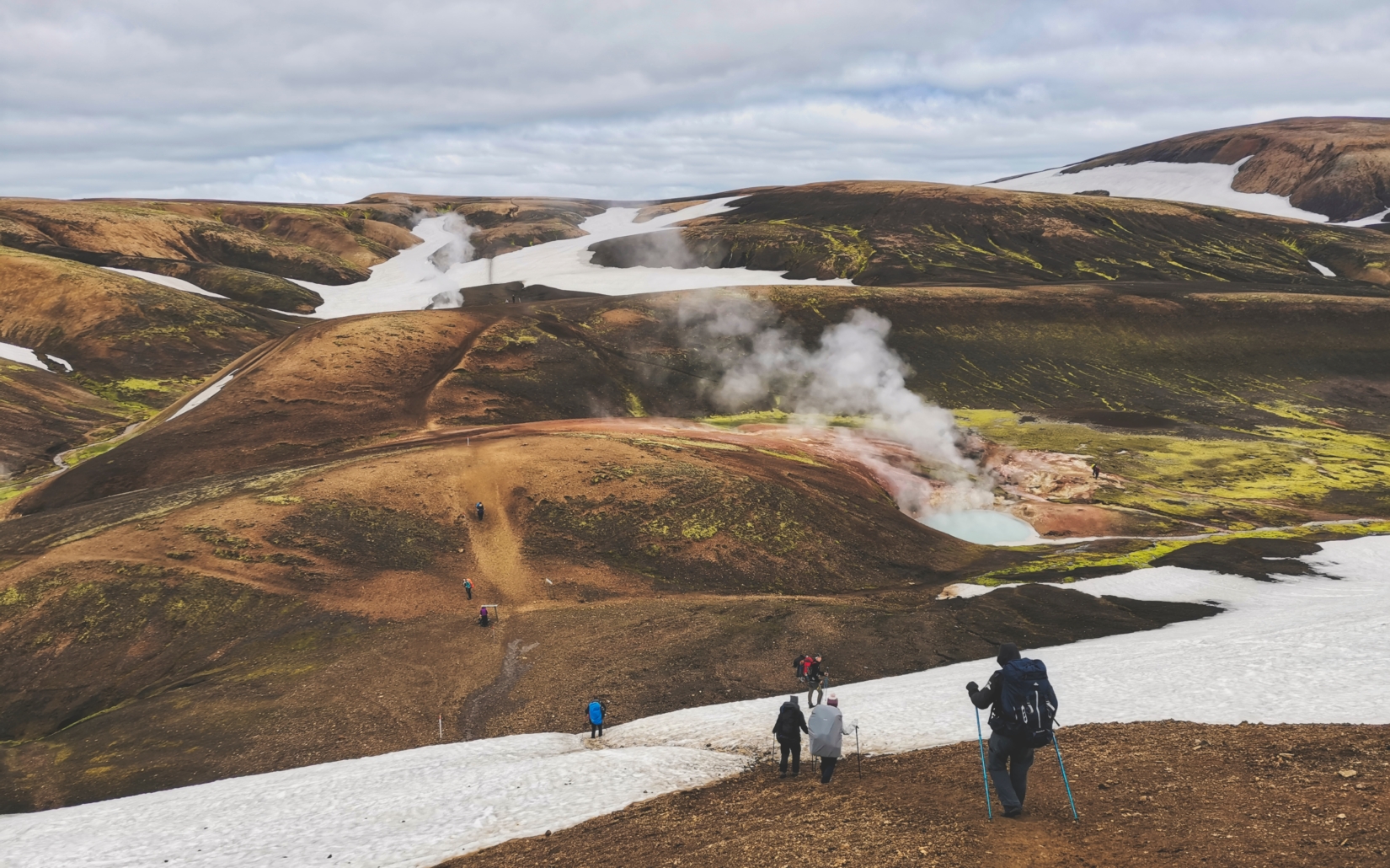 Hikers immersing themselves in the splendor of the Laugavegur Trail 