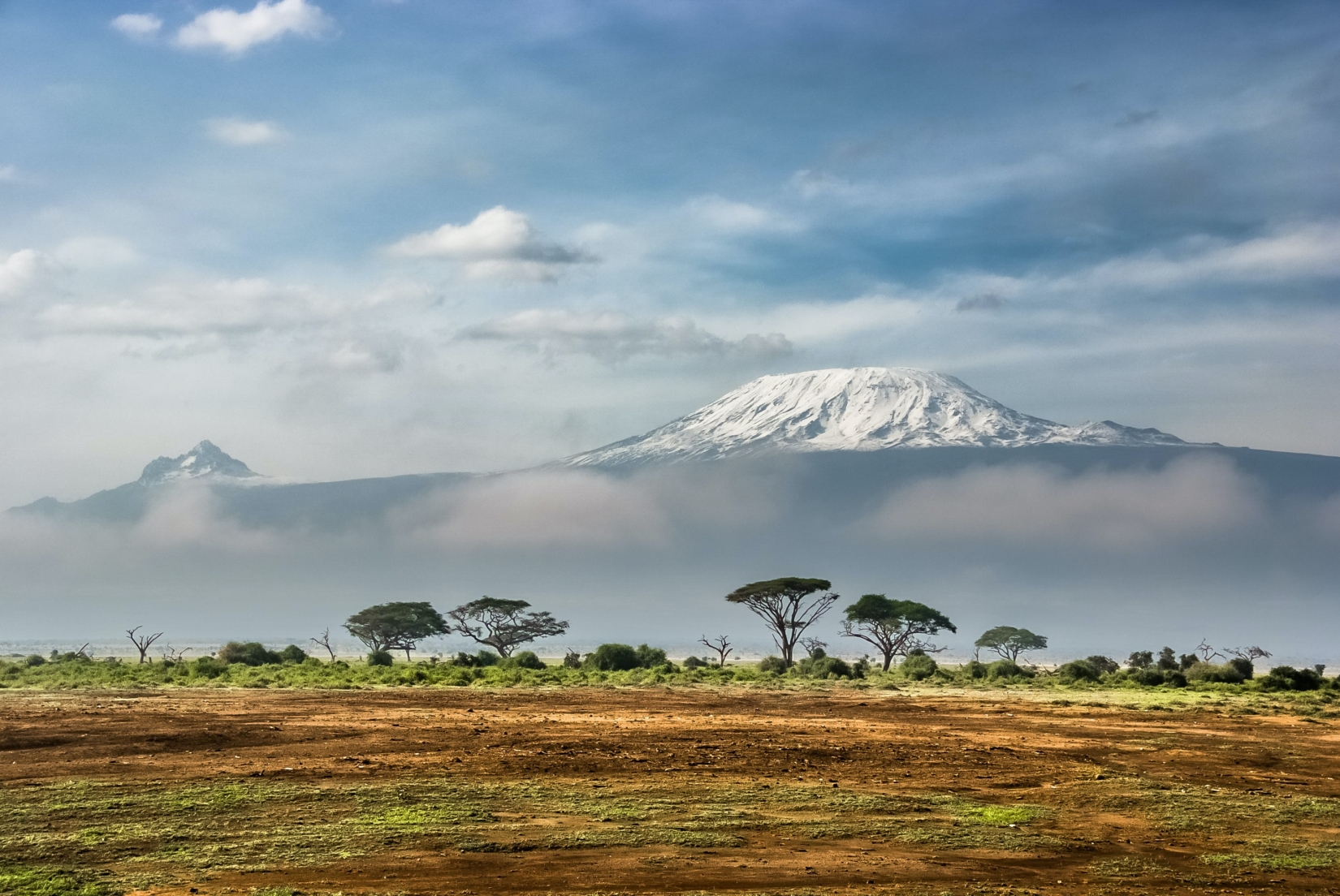 View of Mount Kilimanjaro from Amboseli National Park, overlooking a grass field