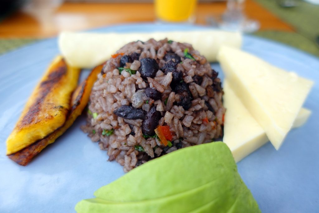 Plate of Costa Rican cuisine of mixed beans and rice, sliced avocado, cheese and plantains