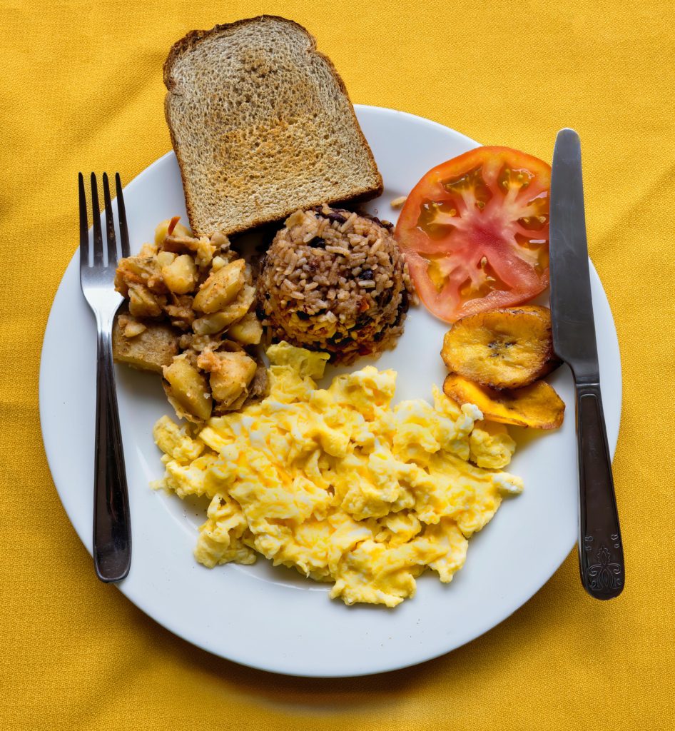 Traditional Costa Rican Breakfast served with Gallo Pinto and Plantains