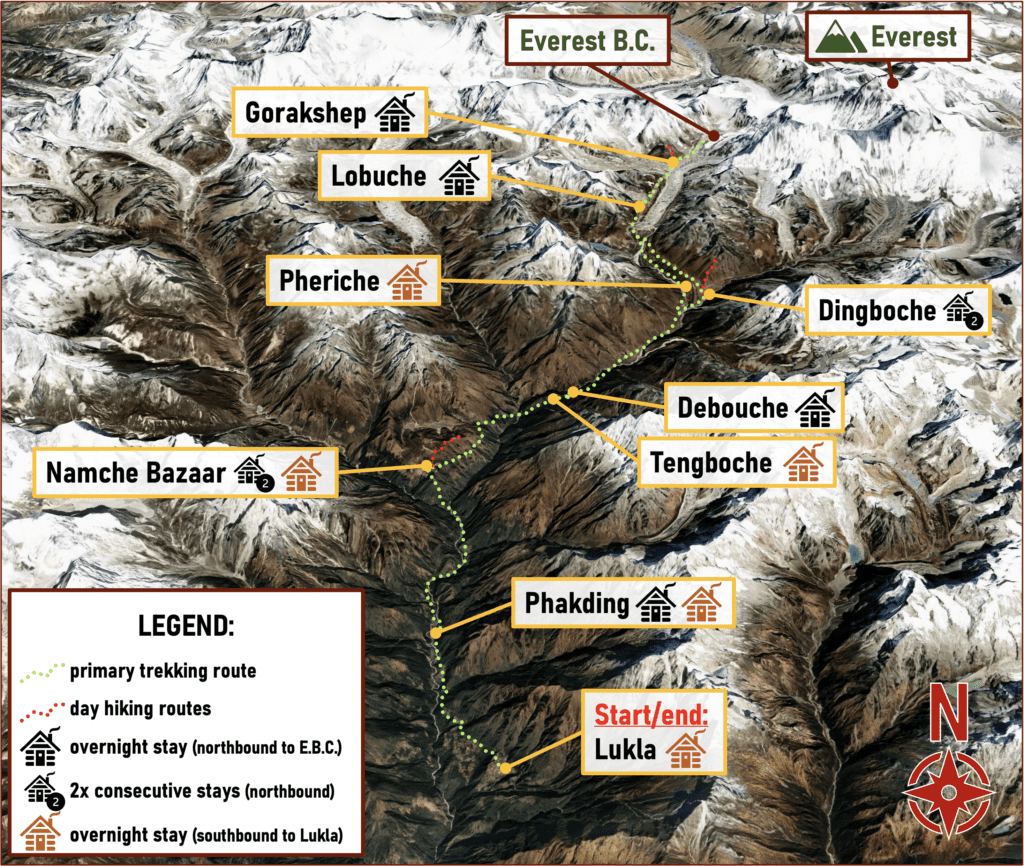 A map of the route that trekkers hike to and from Everest Base Camp in the Khumbu region of Nepal